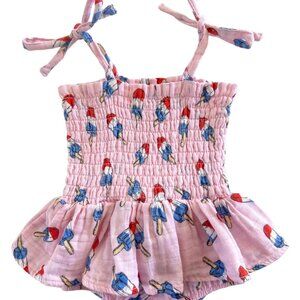Muslin Smocked Bubble w/ Skirt, Pink Red, White, & Blue Popsicl- Size 6-12mo